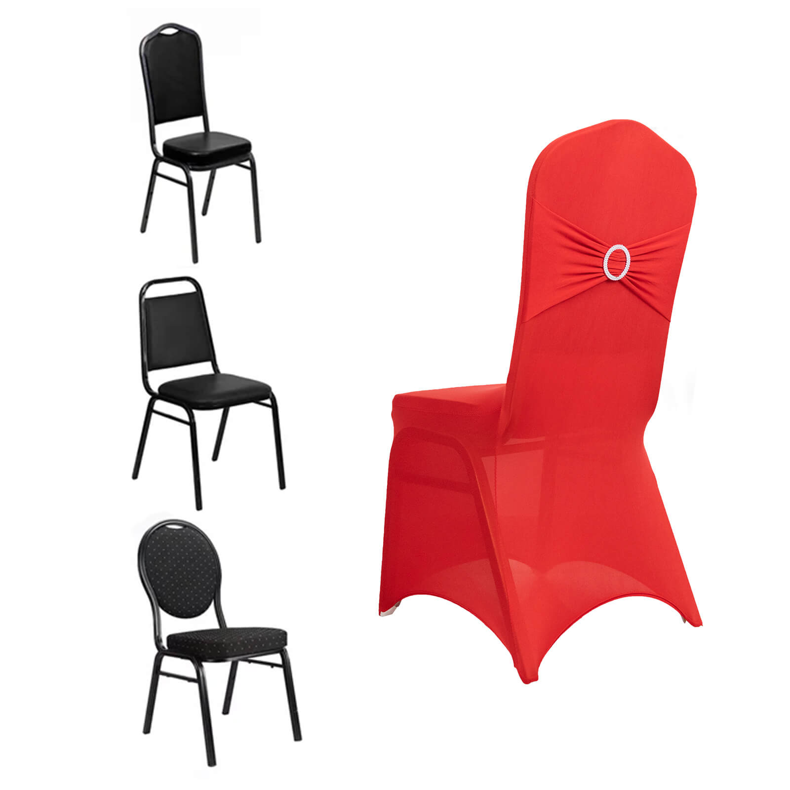 Red spandex banquet chair cover with rhinestone buckle.