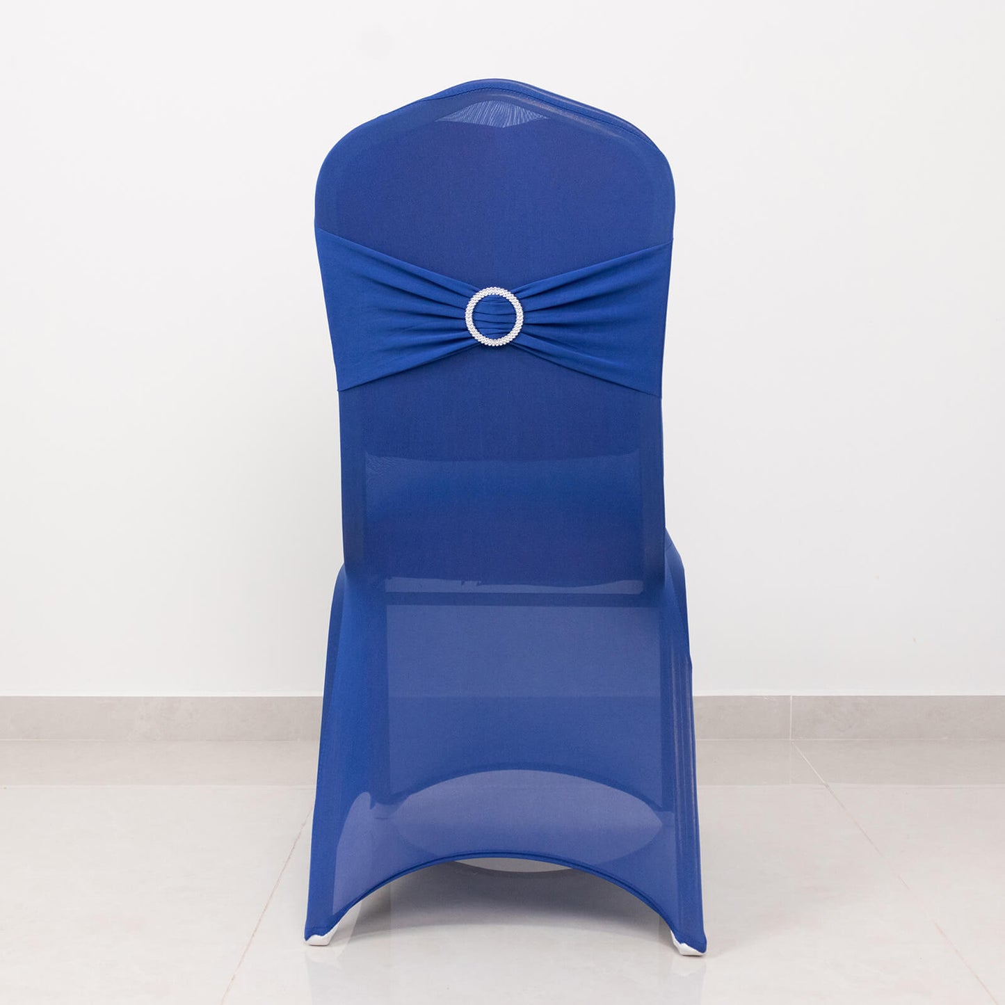 Royal Blue Spandex Banquet Chair Cover with Silver Rhinestone Buckled Sash Band, Stretched Fitted Slip On Chair Cover