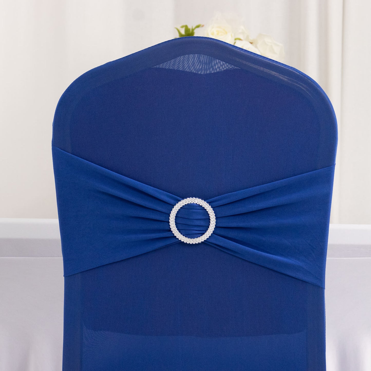 Royal Blue Spandex Banquet Chair Cover with Silver Rhinestone Buckled Sash Band, Stretched Fitted Slip On Chair Cover
