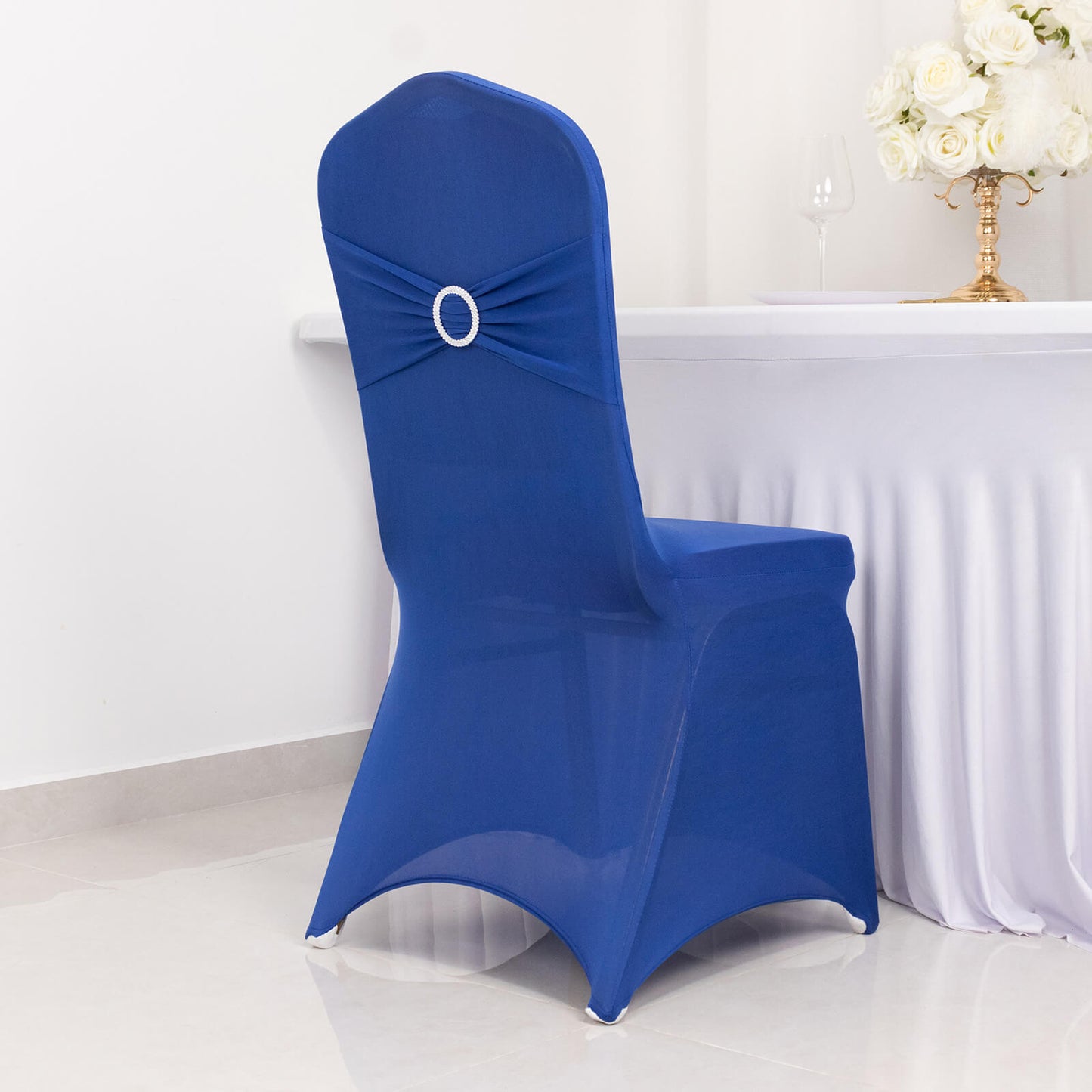 Royal Blue Spandex Banquet Chair Cover with Silver Rhinestone Buckled Sash Band, Stretched Fitted Slip On Chair Cover