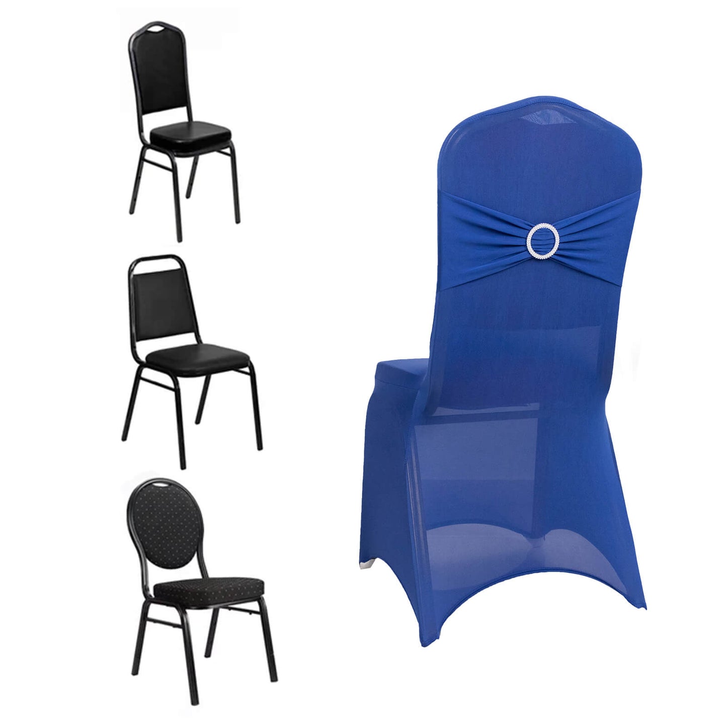 Royal Blue Spandex Banquet Chair Cover with Silver Rhinestone Buckled Sash Band, Stretched Fitted Slip On Chair Cover