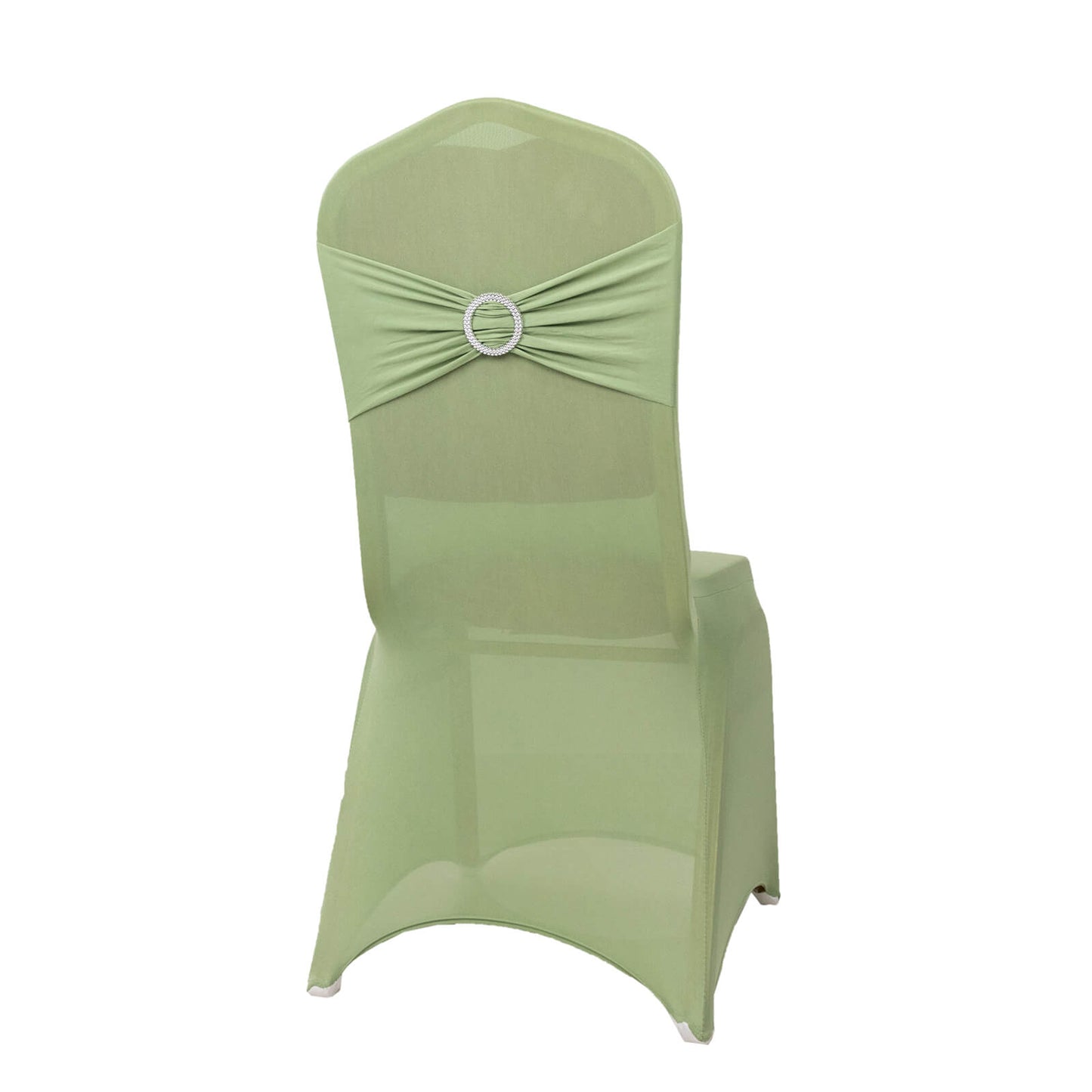 Sage green spandex banquet chair cover with silver rhinestone sash.
