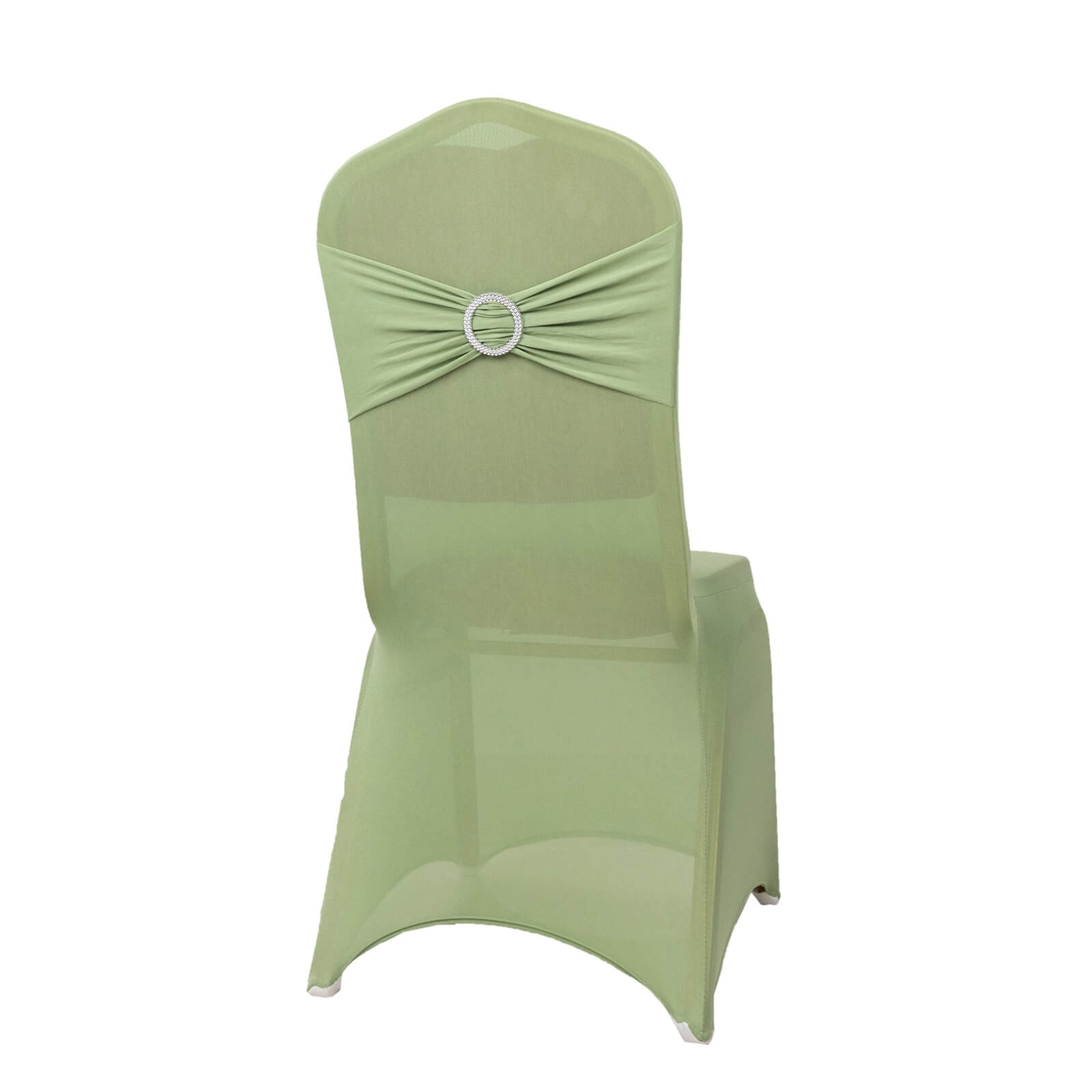 Sage green spandex banquet chair cover with silver rhinestone sash.