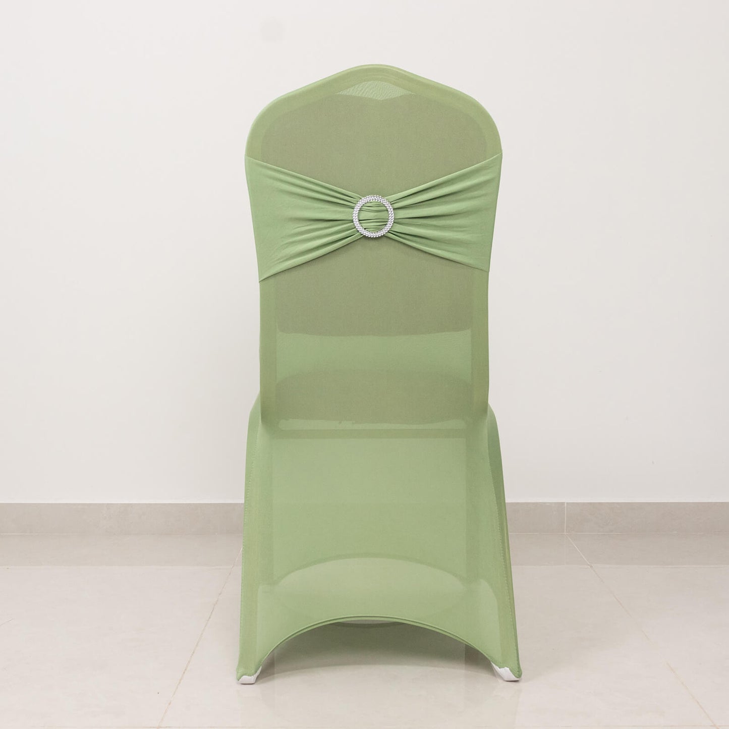 Sage green spandex banquet chair cover with silver rhinestone sash.