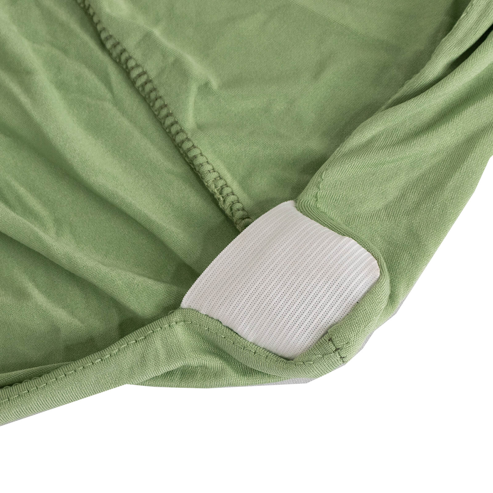 Sage green spandex banquet chair cover with a fitted design.