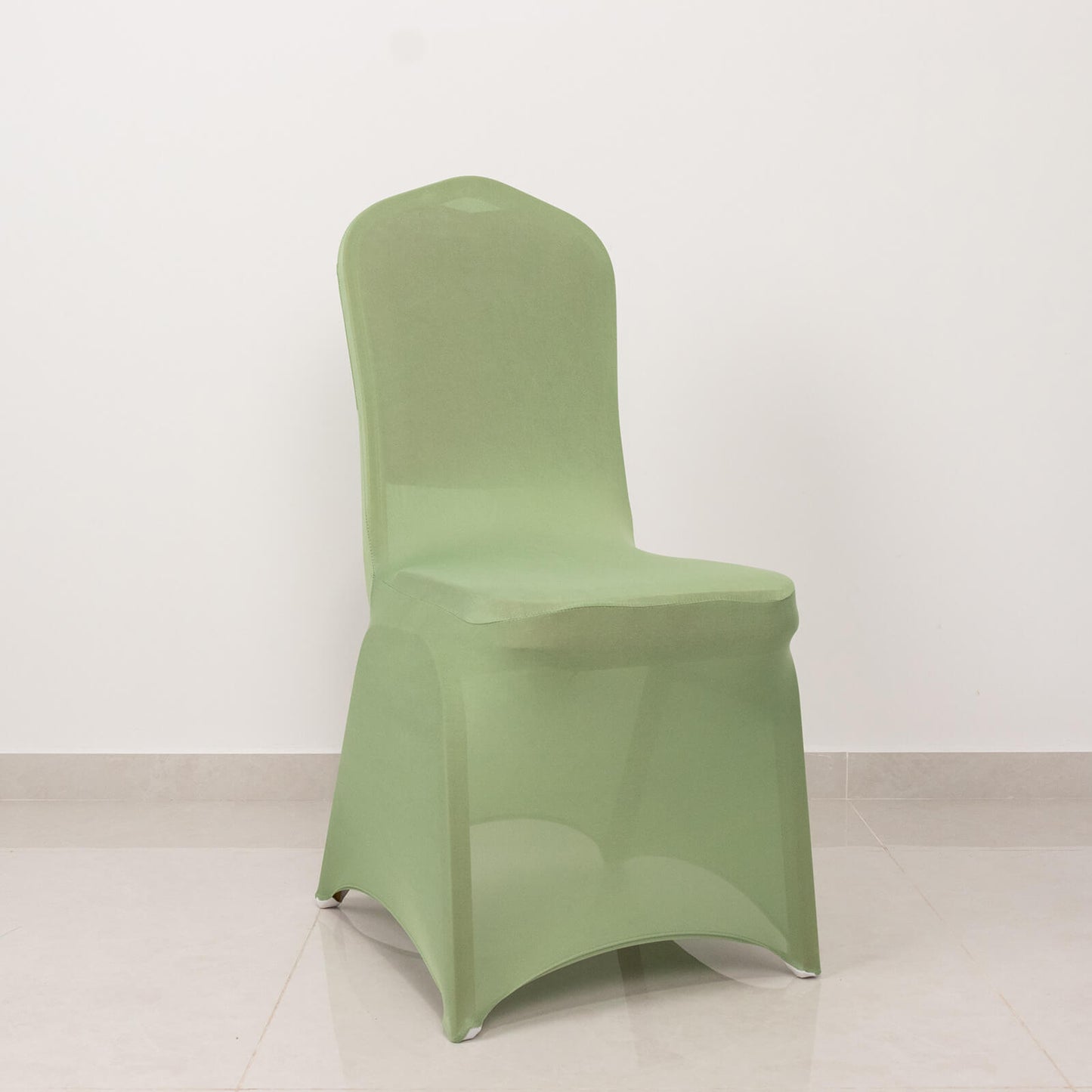 Sage green spandex banquet chair cover with silver rhinestone sash.