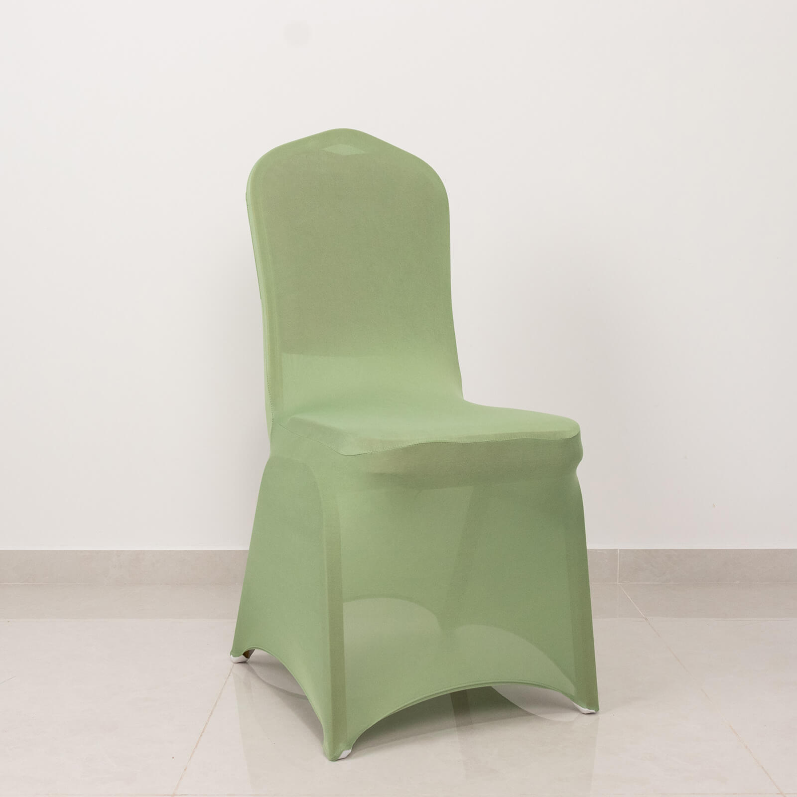 Sage green spandex banquet chair cover with silver rhinestone sash.