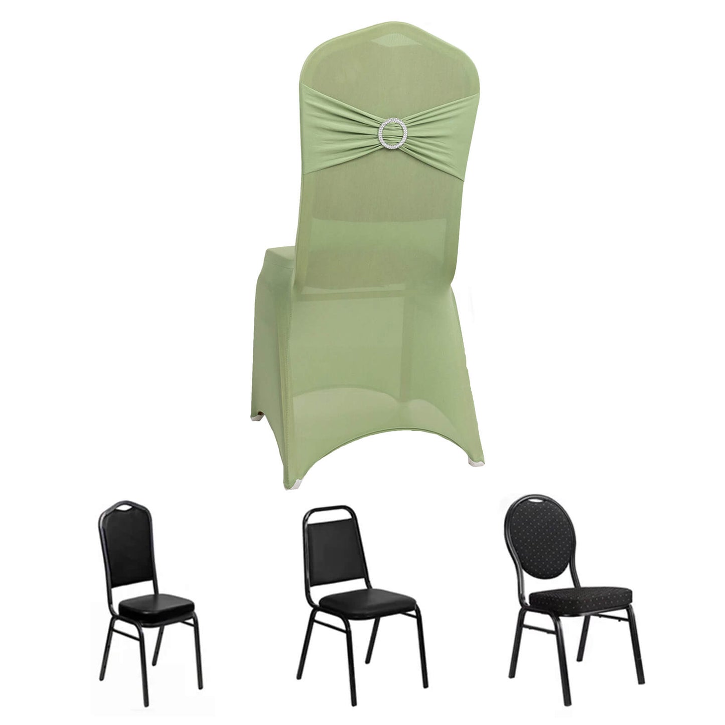 Sage green spandex banquet chair cover with silver rhinestone buckle.
