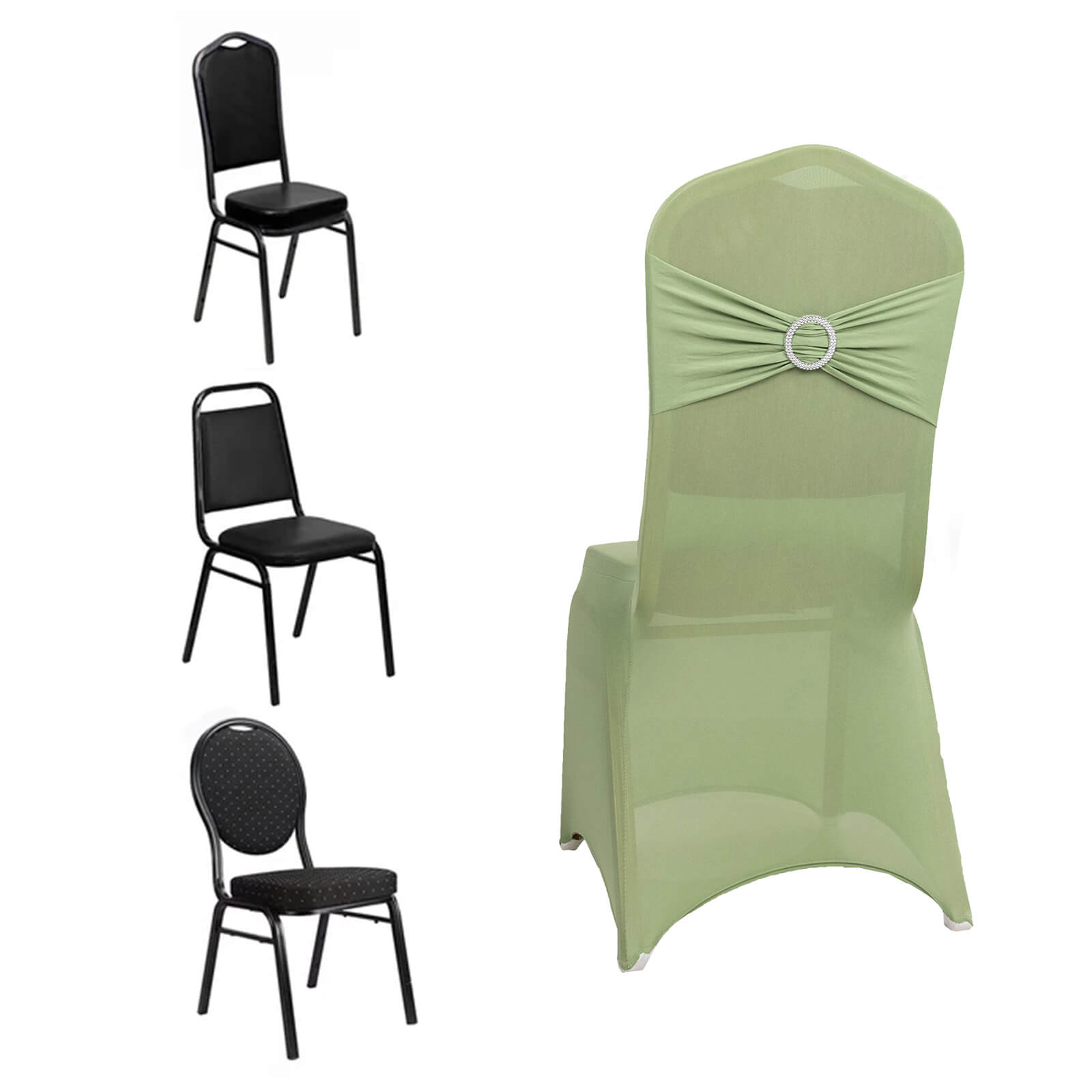 Sage green spandex banquet chair cover with rhinestone sash.