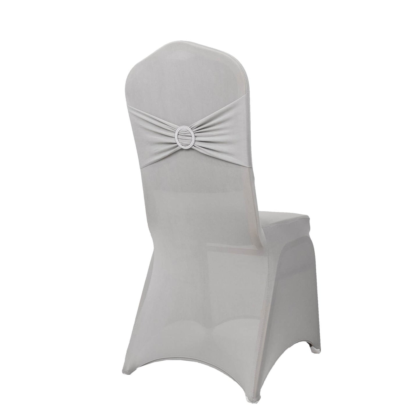 Silver spandex banquet chair cover with rhinestone sash.