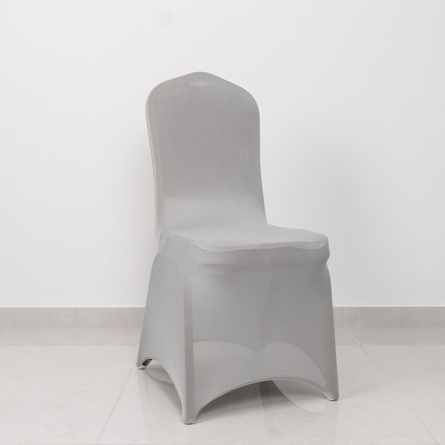 Silver spandex banquet chair cover with rhinestone sash band