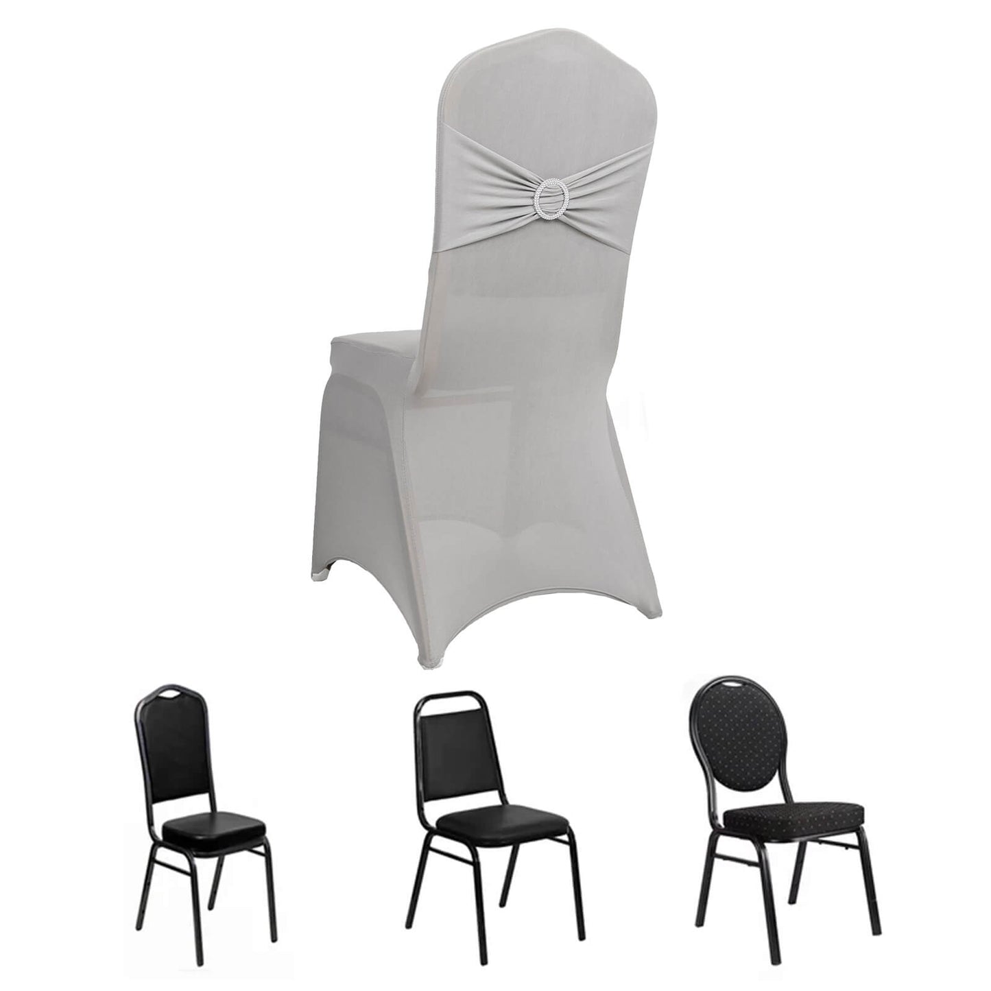 Silver spandex banquet chair cover with rhinestone sash.