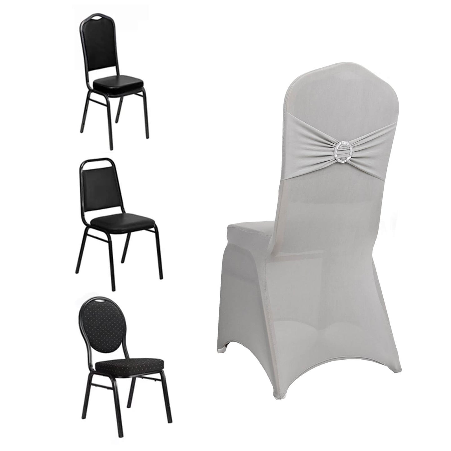 Silver spandex banquet chair cover with rhinestone sash.