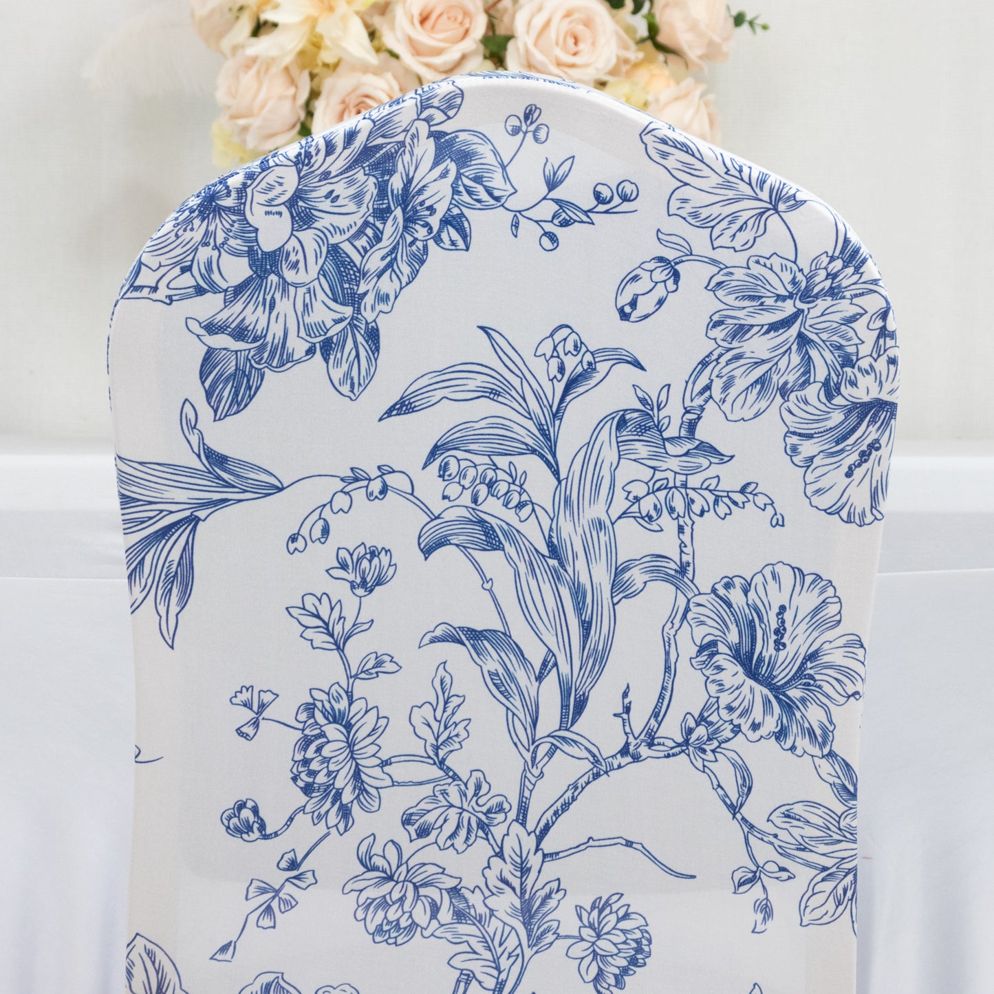 10 Pack Spandex Chair Covers for Banquet Chairs – White Blue French Toile Reusable Stretch Slip-On Floral Covers