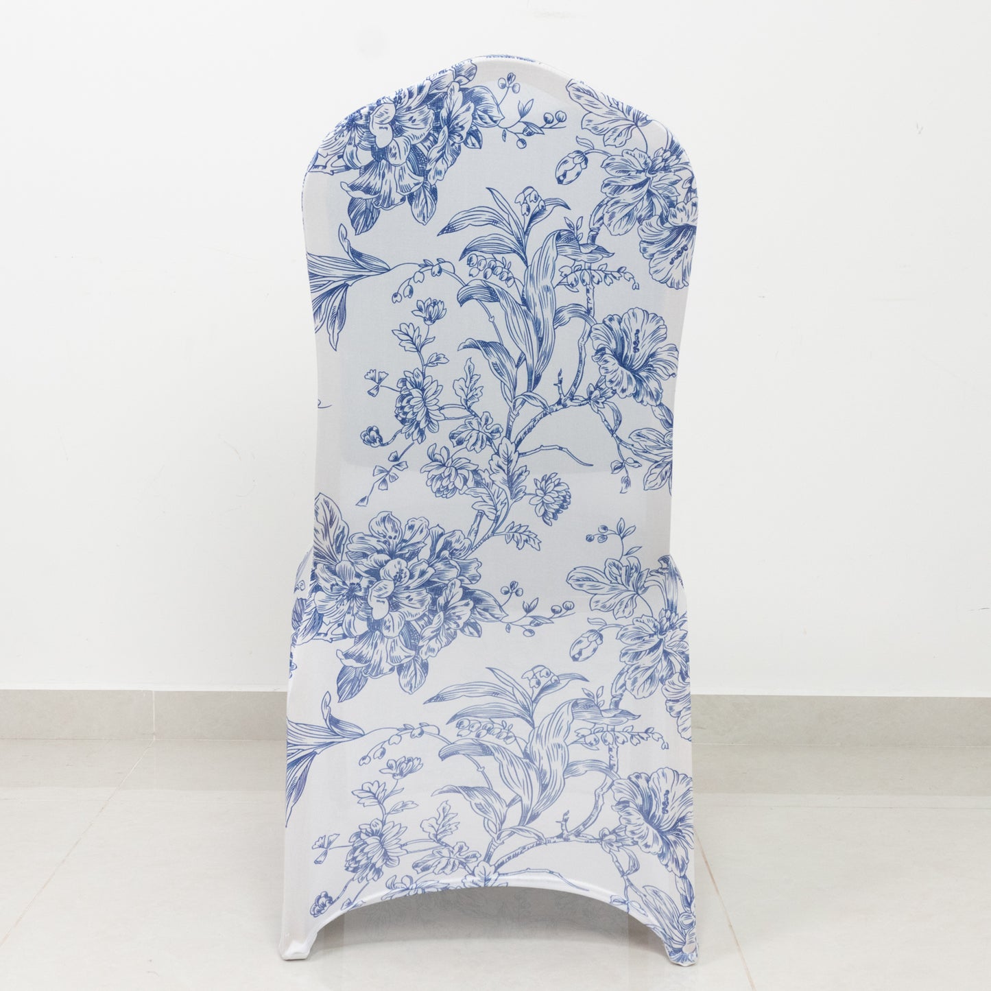 10 Pack Spandex Chair Covers for Banquet Chairs – White Blue French Toile Reusable Stretch Slip-On Floral Covers