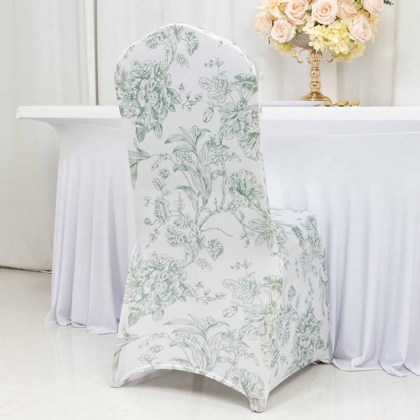 10 Pack Spandex Chair Covers for Banquet Chairs – White Dusty Sage Green French Toile Reusable Stretch Slip-On Floral Covers