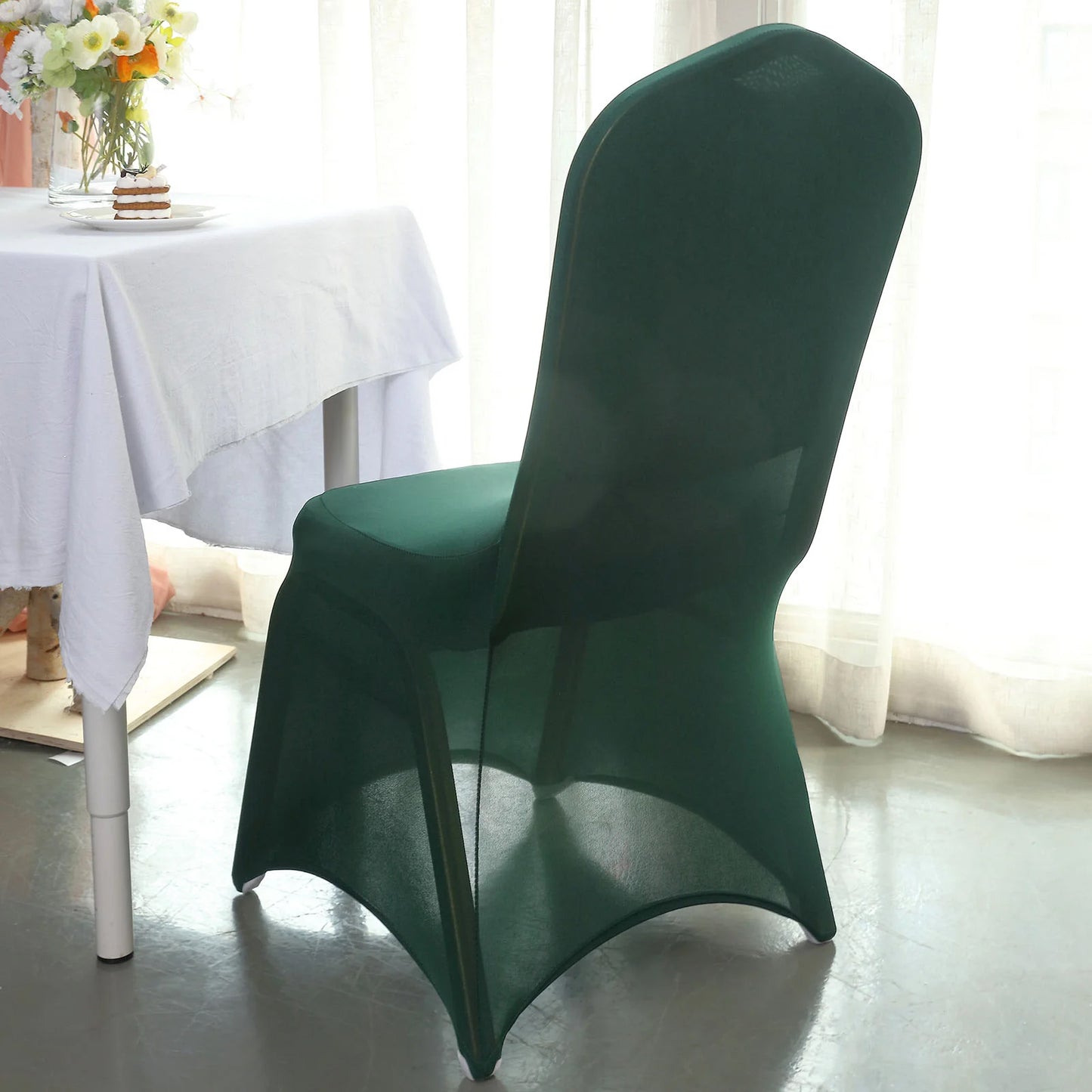10 Pack Hunter Emerald Green Spandex Fitted Banquet Chair Covers, Reusable Stretched Slip On Chair Covers
