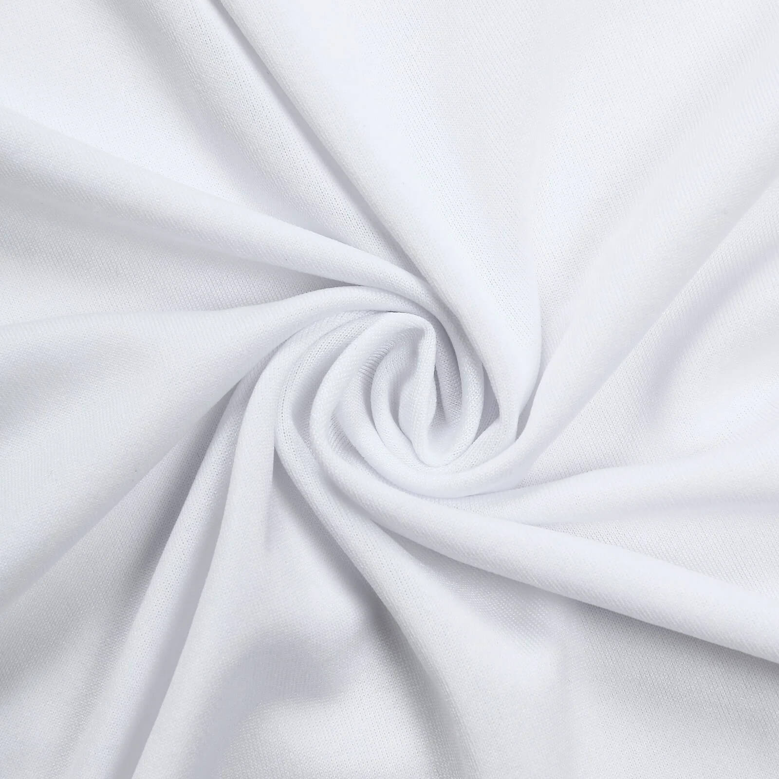 White spandex wedding chair cover with foot pockets, fitted design. #whtbkgd