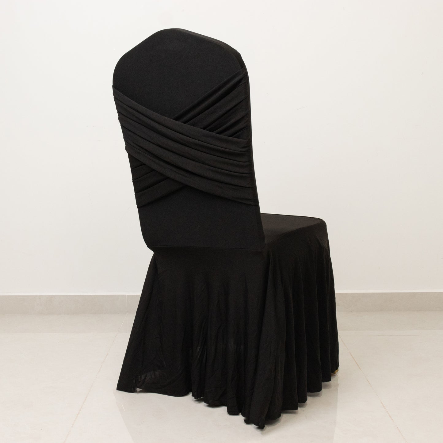 Black Spandex Banquet Chair Cover with Ruffle Skirt & Cross Back Sash – Stretch Slipcover for Events