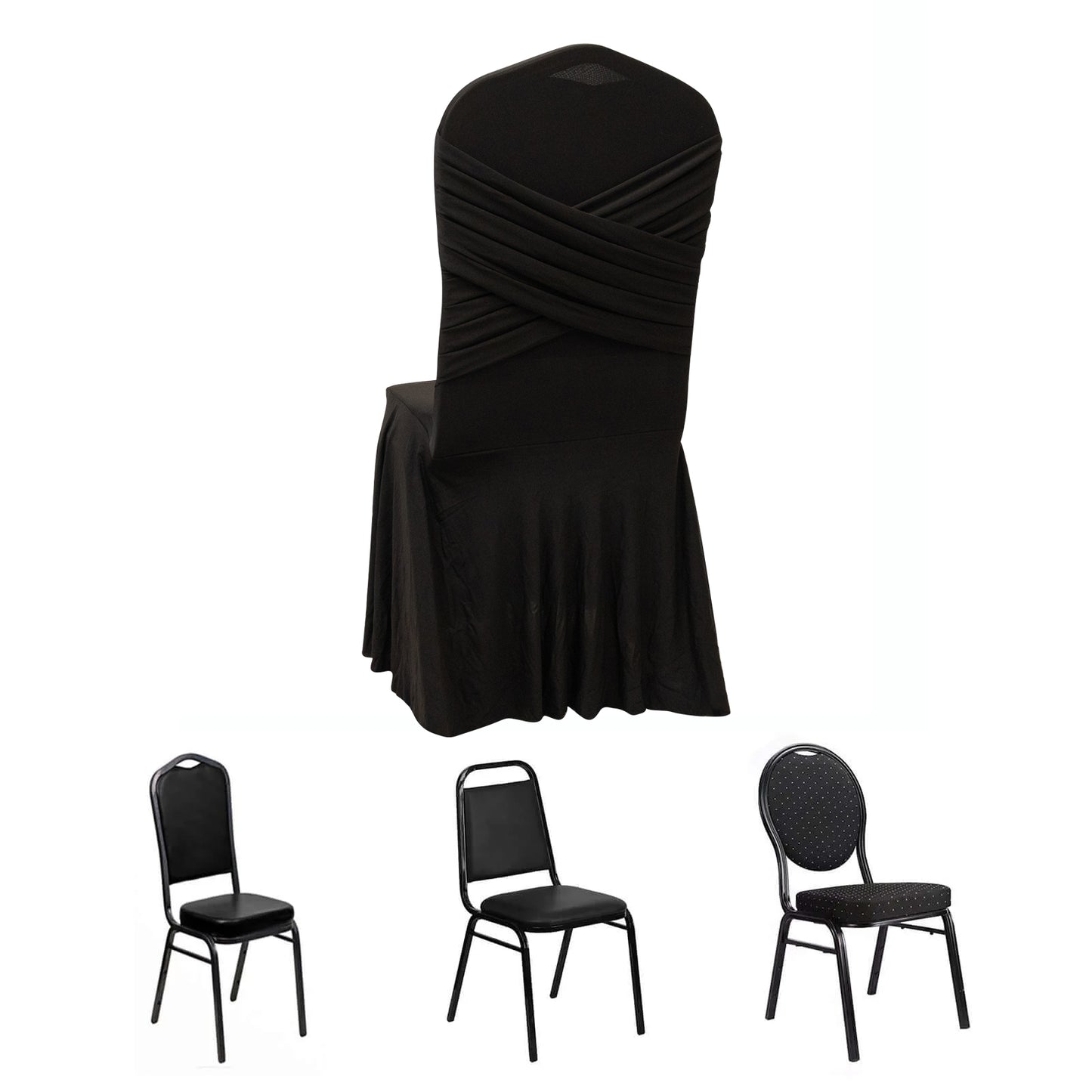 Black Spandex Banquet Chair Cover with Ruffle Skirt & Cross Back Sash – Stretch Slipcover for Events