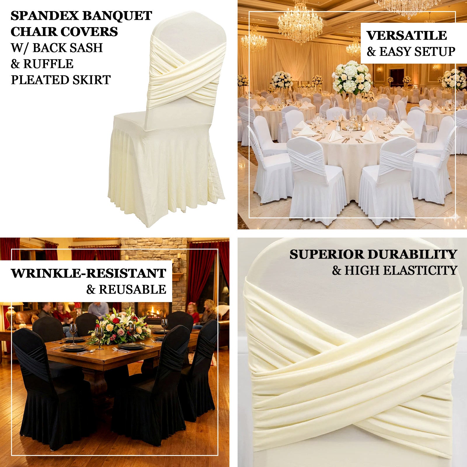 Cream Spandex Banquet Chair Cover with Ruffle Skirt & Cross Back Sash for Events