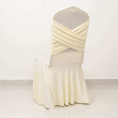Cross Back Ivory Stretch Fitted Banquet Chair Cover with Ruffle Pleated Skirt