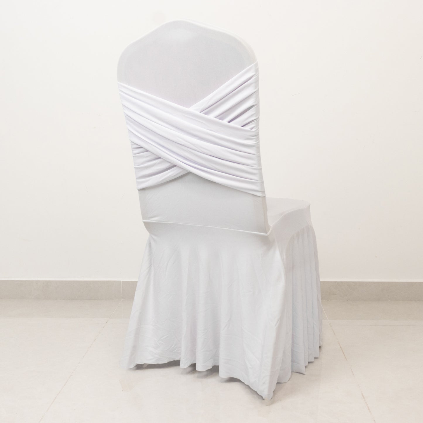 White Spandex Banquet Chair Cover with Ruffle Skirt & Cross Back Sash – Stretch Slipcover for Events