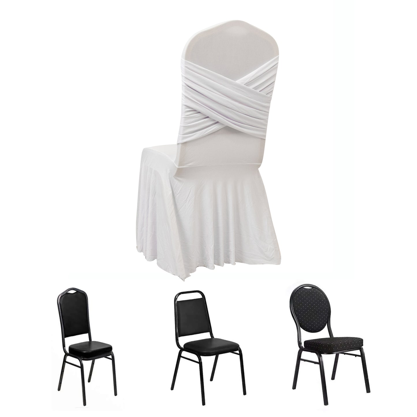 White Spandex Banquet Chair Cover with Ruffle Skirt & Cross Back Sash – Stretch Slipcover for Events