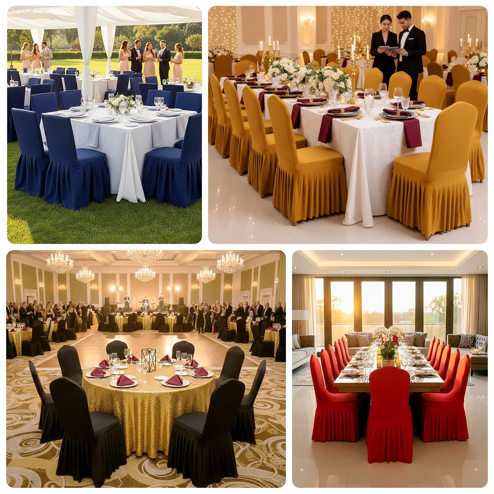 Black Ruffle Pleated Skirt Banquet Spandex Chair Slipcover, 1-Piece Stretch Fitted Chair Cover