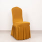 Gold pleated spandex chair slipcover for elegant banquet settings.