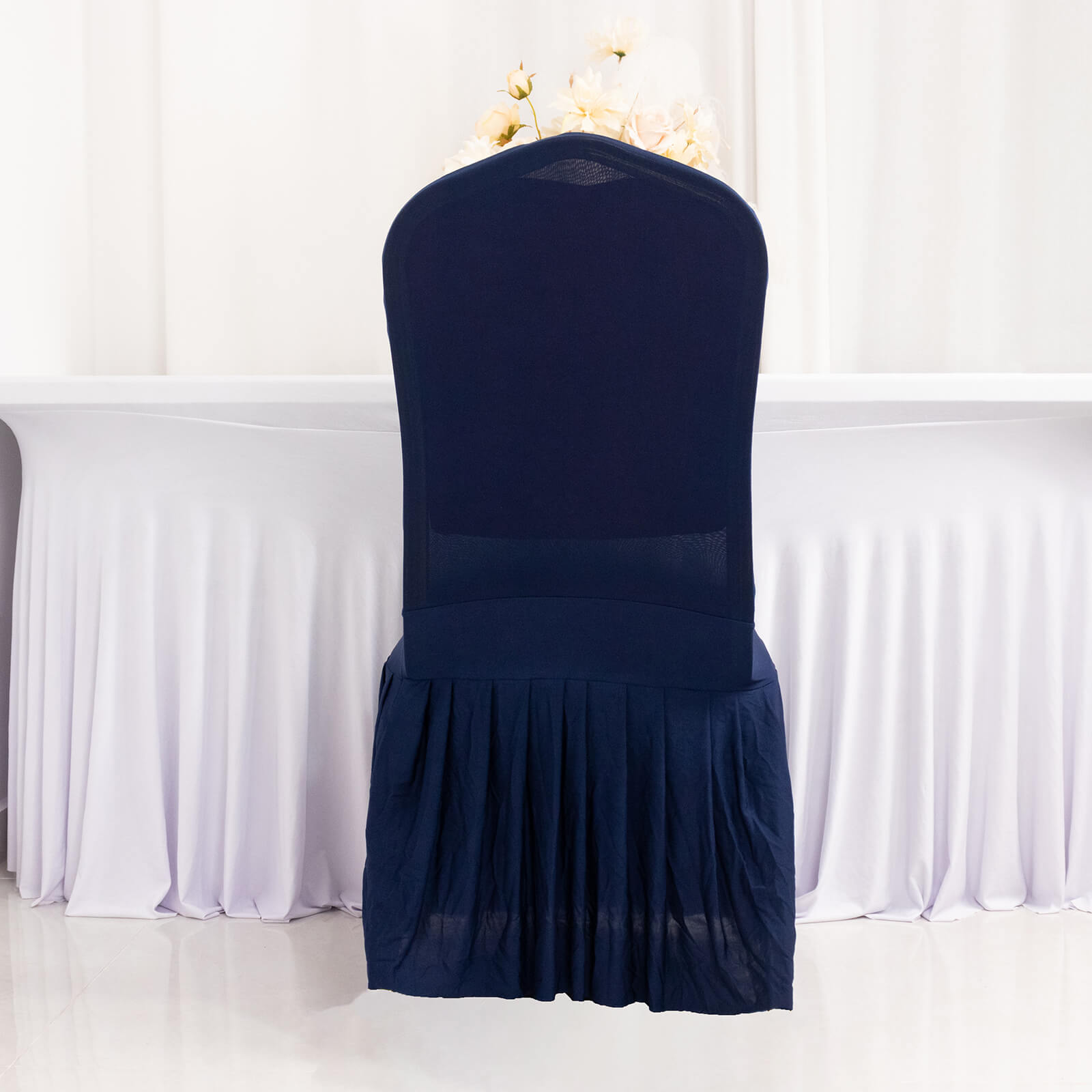 Navy ruffle pleated chair slipcover for banquet events.