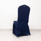 Navy ruffle pleated spandex chair cover for banquet seating.