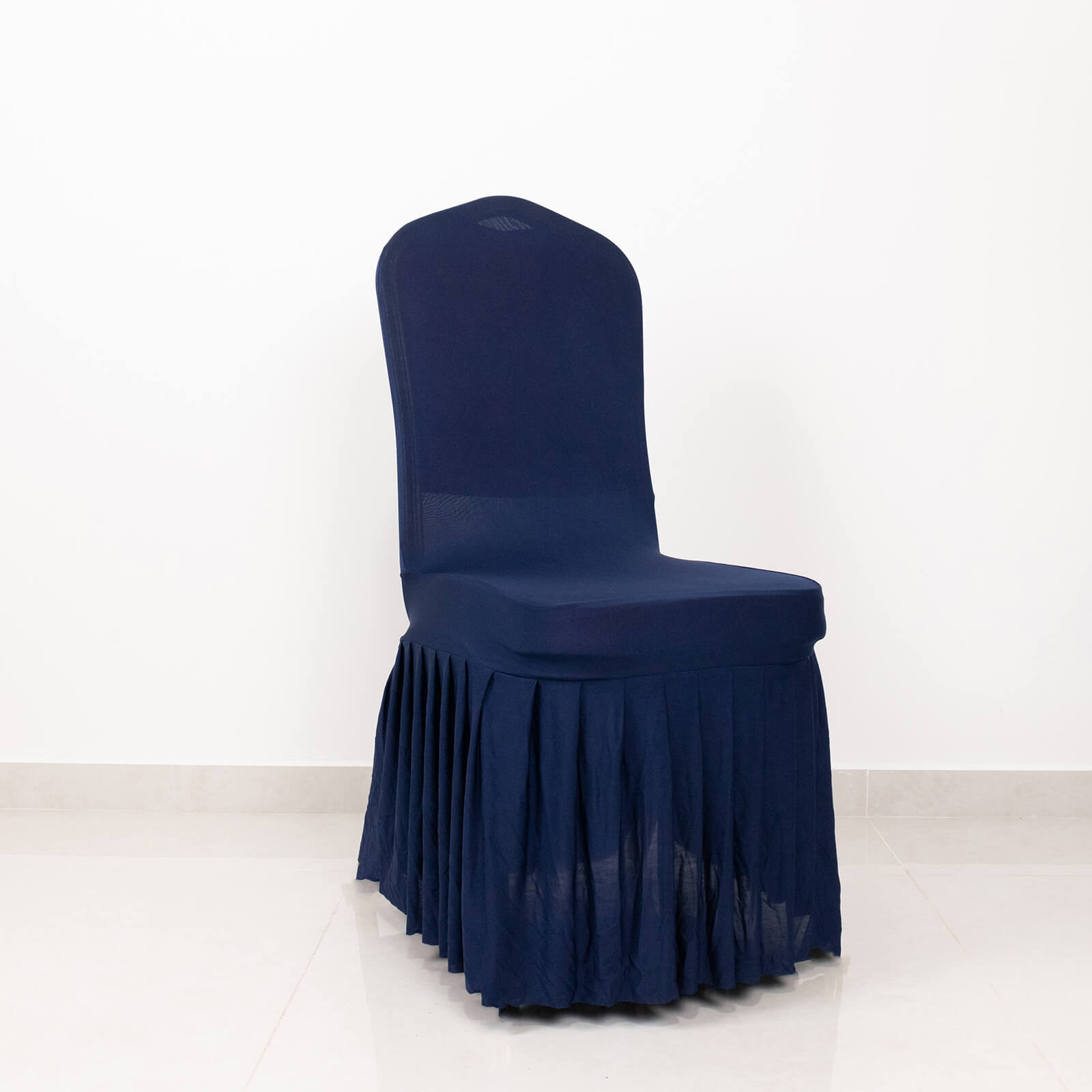 Navy ruffle pleated spandex chair slipcover for banquet use.
