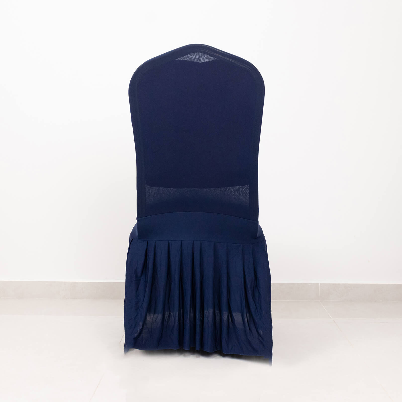 Navy ruffle pleated spandex chair slipcover for banquet seating.