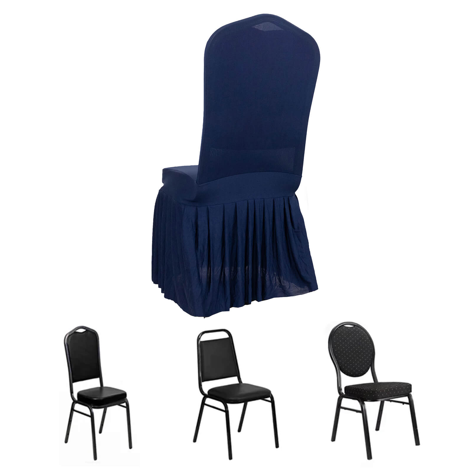 Navy ruffle pleated chair slipcover for banquet events.