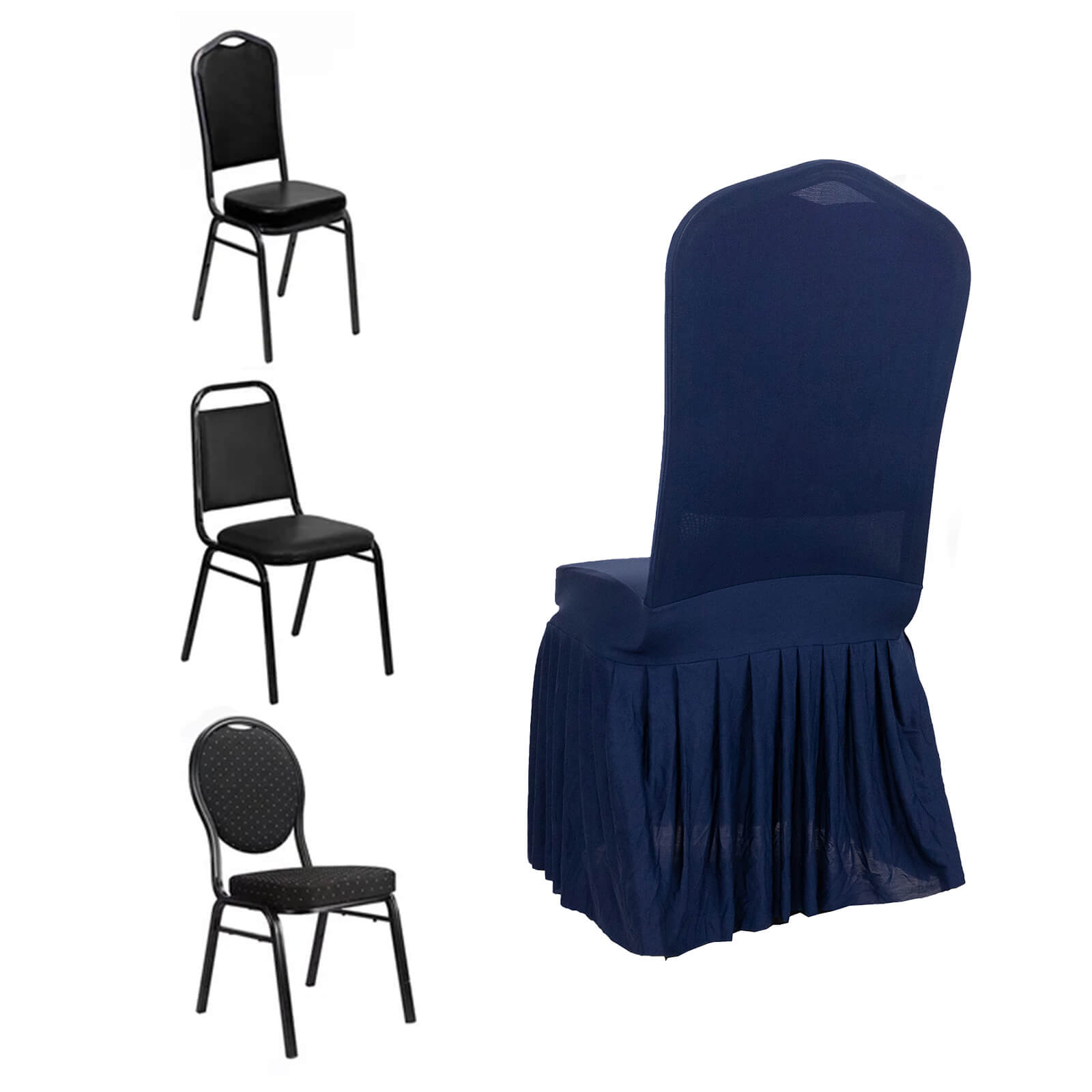 Navy ruffle pleated spandex chair slipcover for banquet seating.