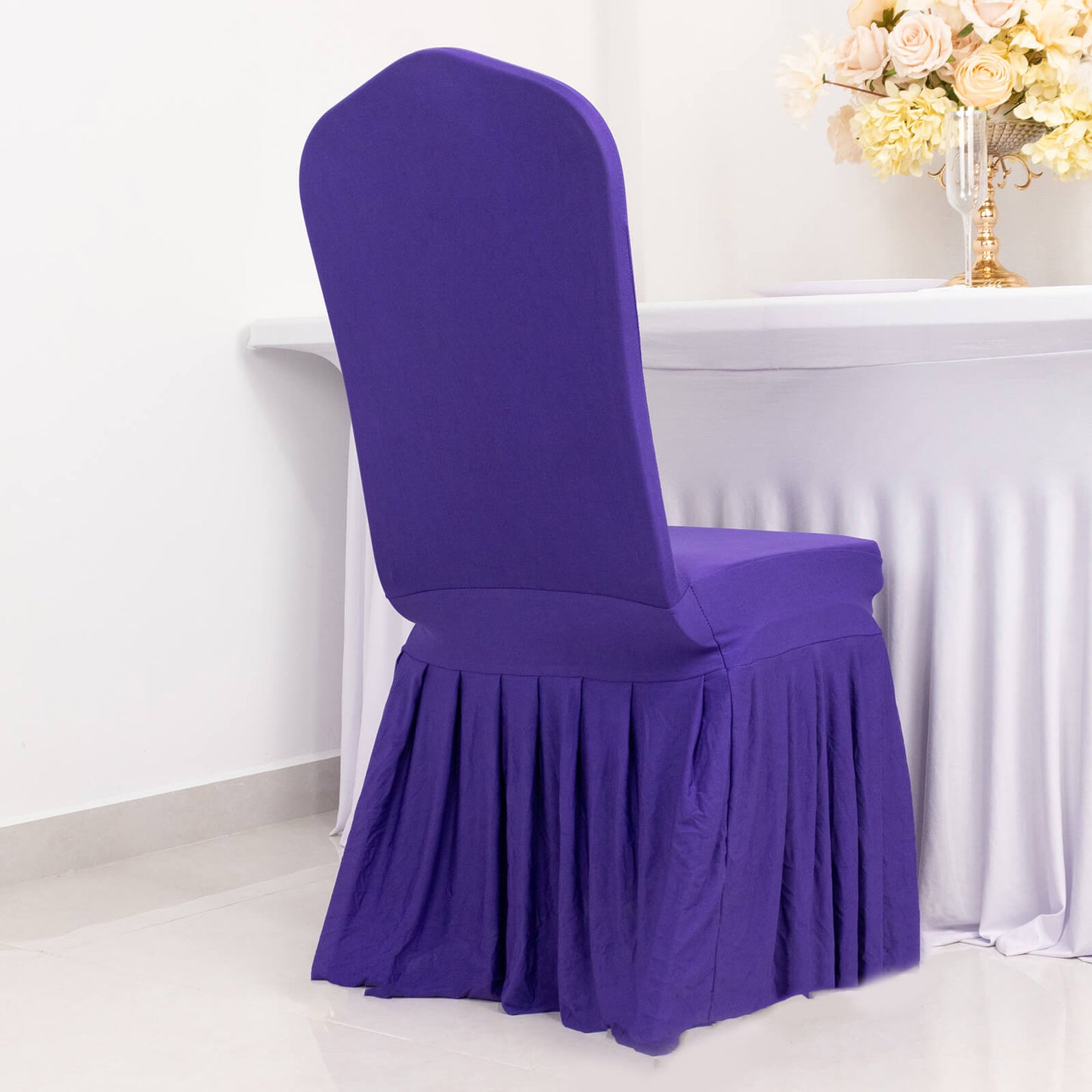 Purple ruffle pleated spandex chair slipcover for banquet settings.