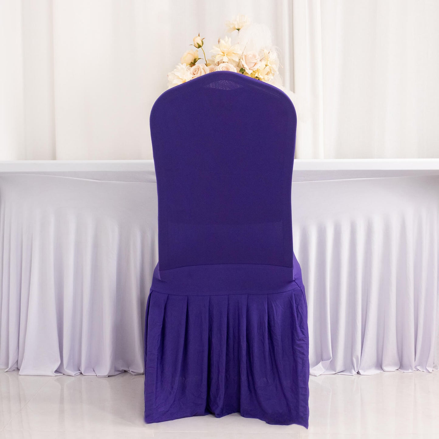 Purple ruffle pleated spandex chair slipcover for banquet use.