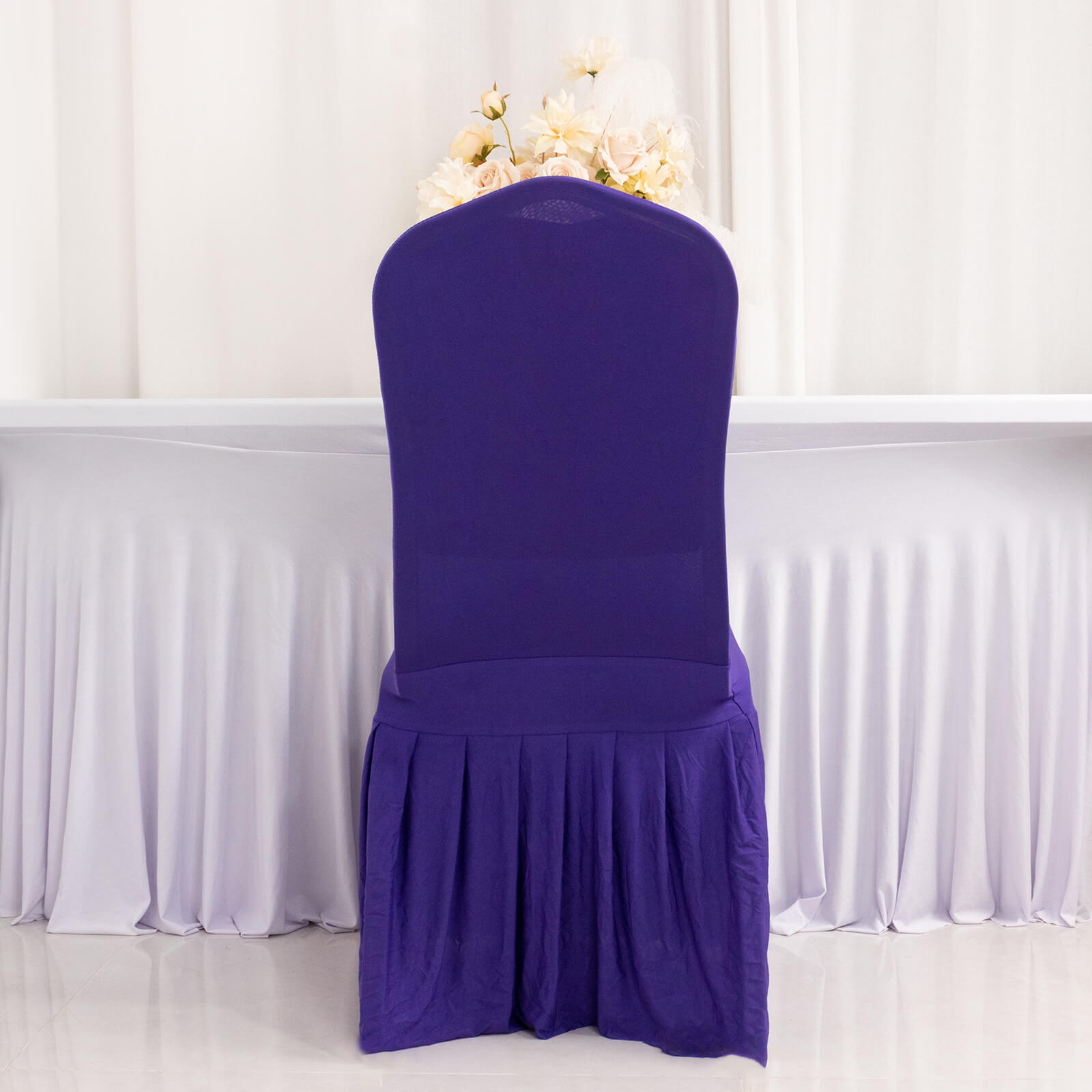 Purple ruffle pleated spandex chair slipcover for banquet use.