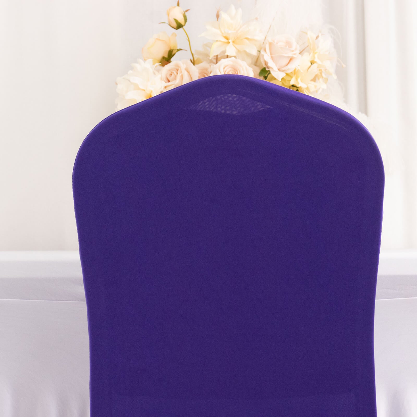 Purple ruffle pleated chair slipcover for banquet settings.