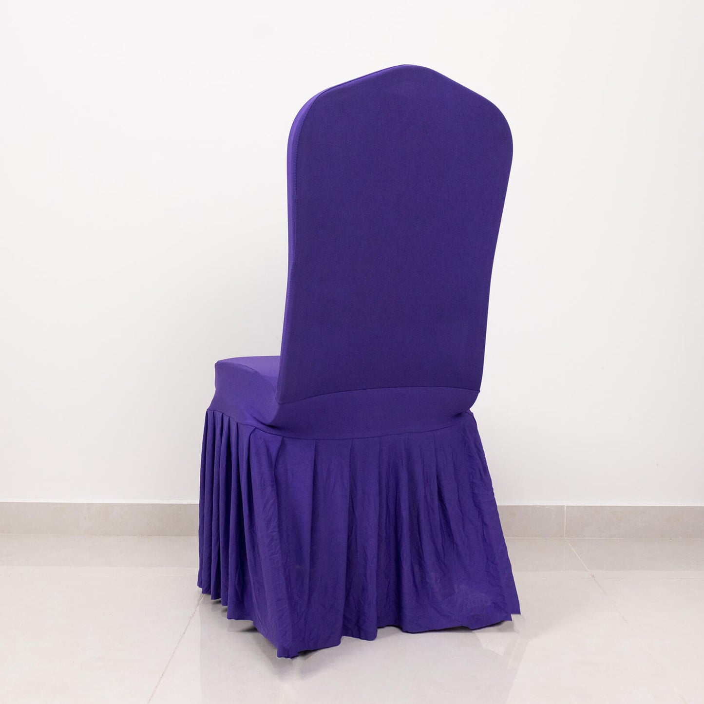 Purple ruffle pleated spandex chair slipcover for banquet use.