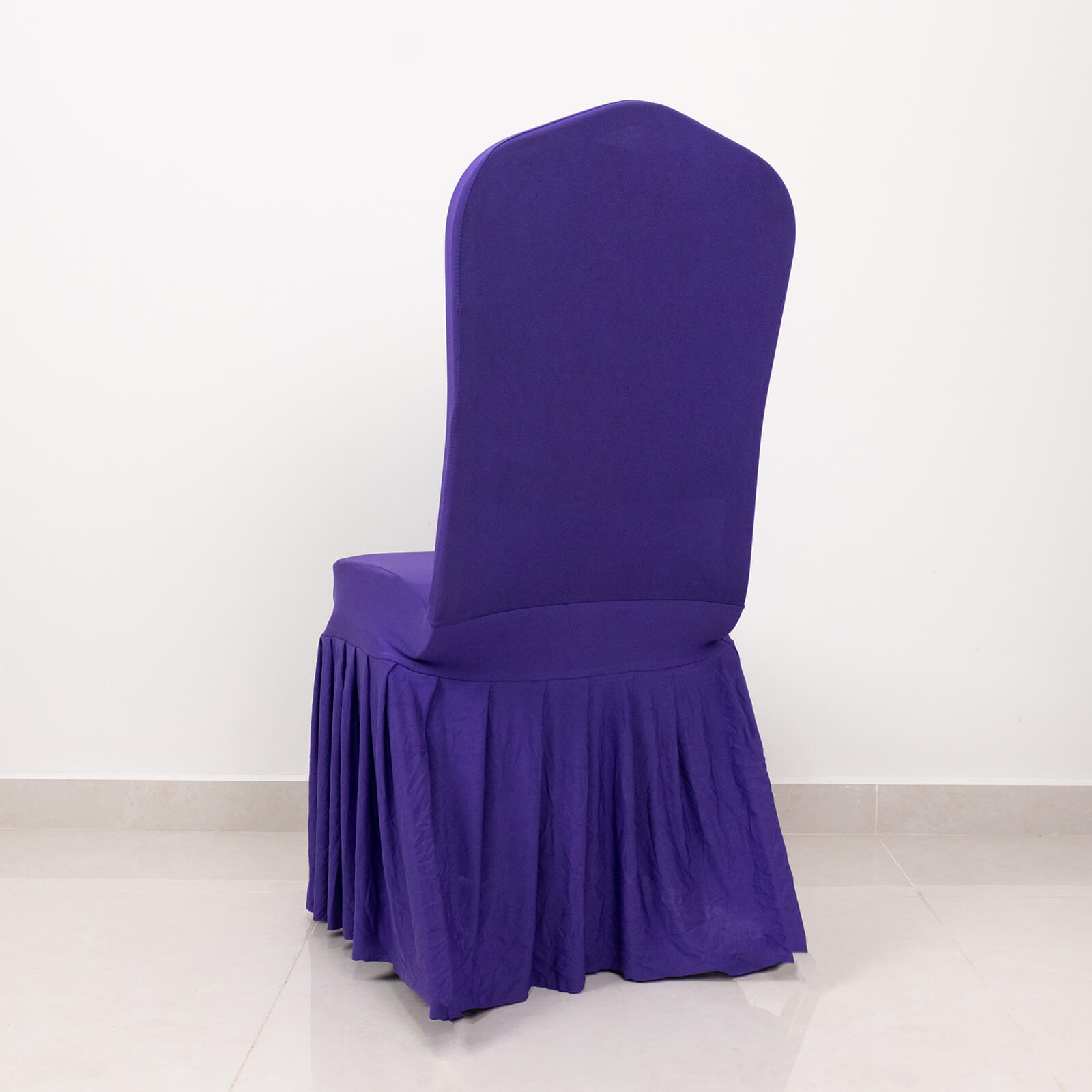 Purple ruffle pleated spandex chair slipcover for banquet use.