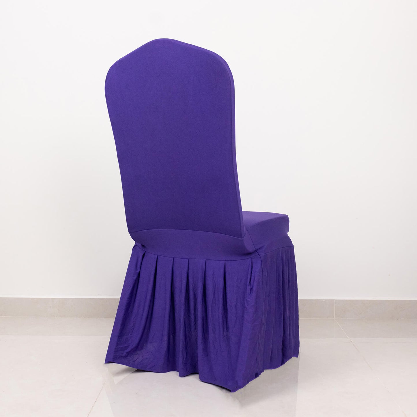Purple ruffle pleated chair slipcover for banquet settings.