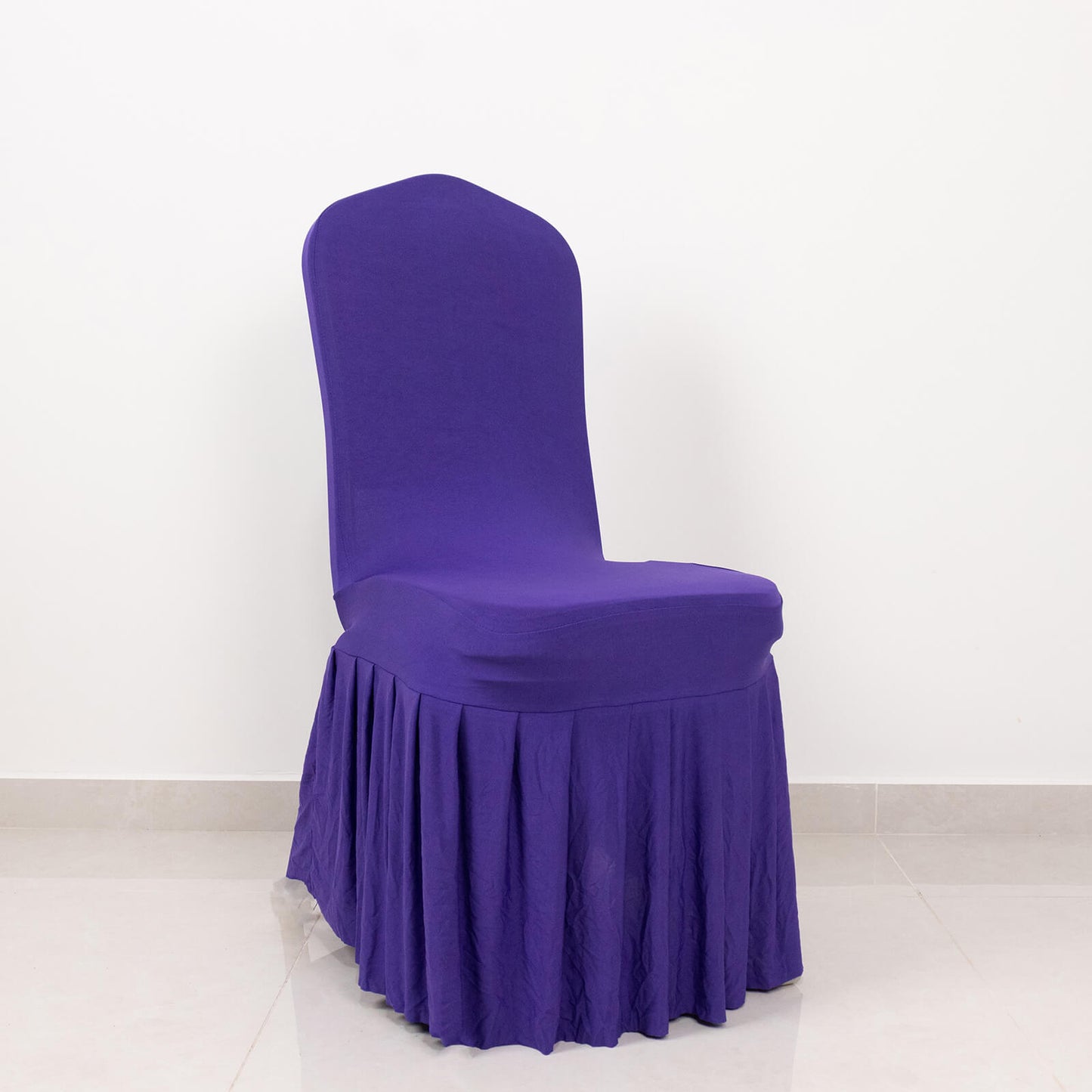 Purple ruffle pleated spandex chair slipcover for banquet use.
