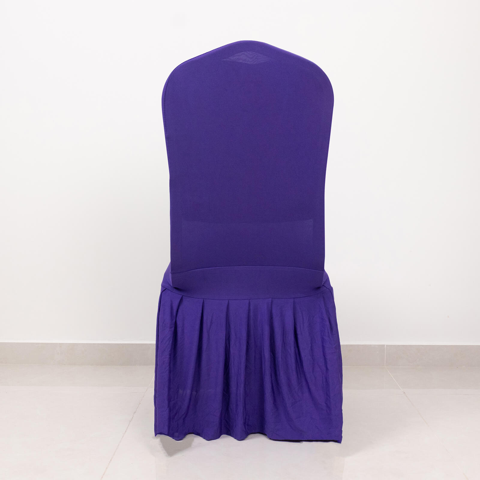 Purple ruffle pleated spandex chair slipcover for banquet settings.