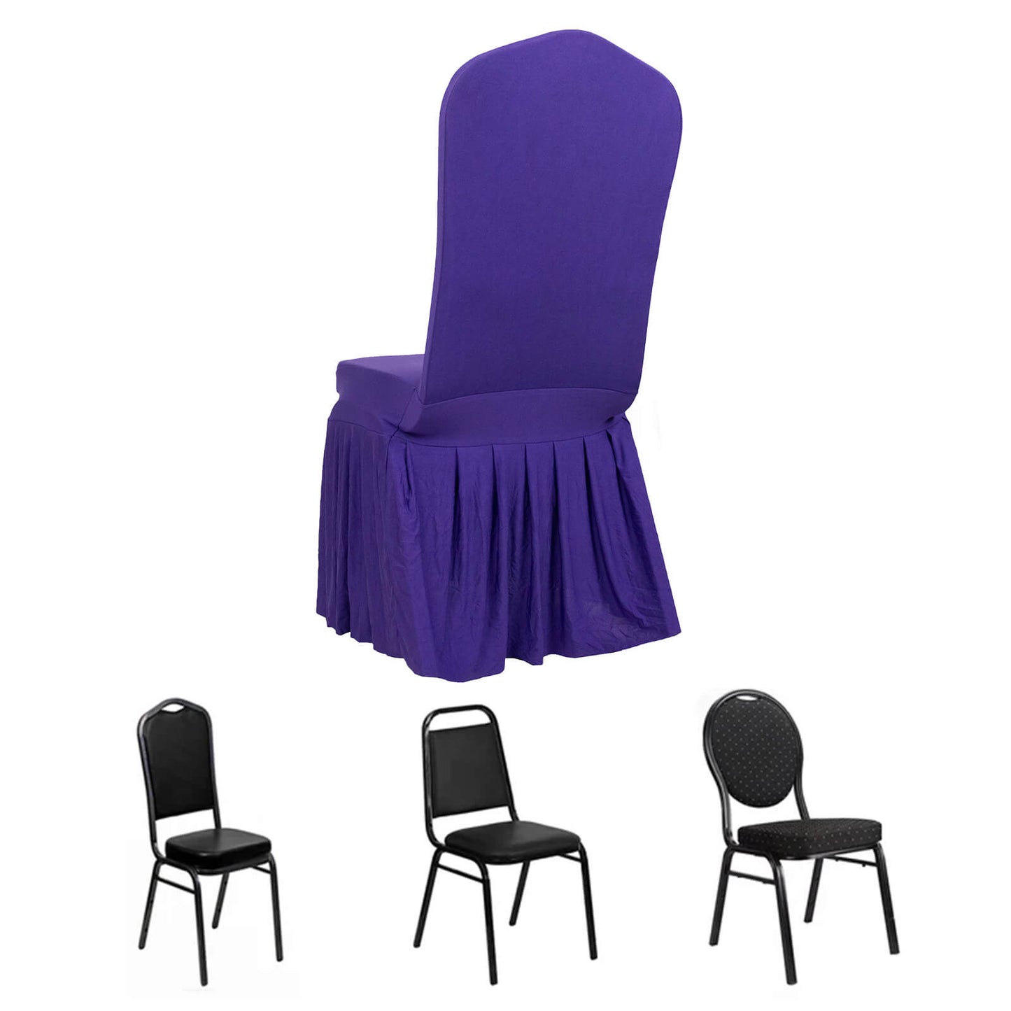 Purple ruffle pleated spandex chair slipcover for elegant banquet settings.