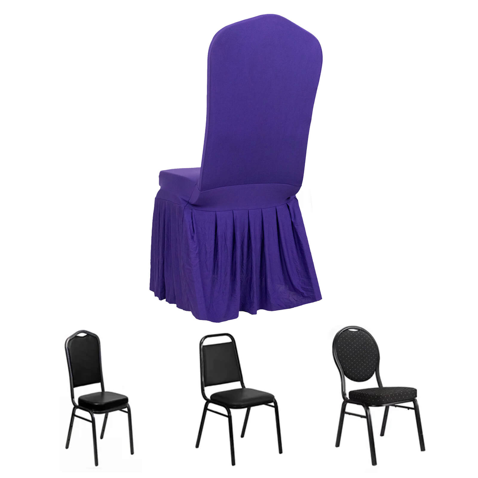 Purple ruffle pleated spandex chair slipcover for elegant banquet settings.