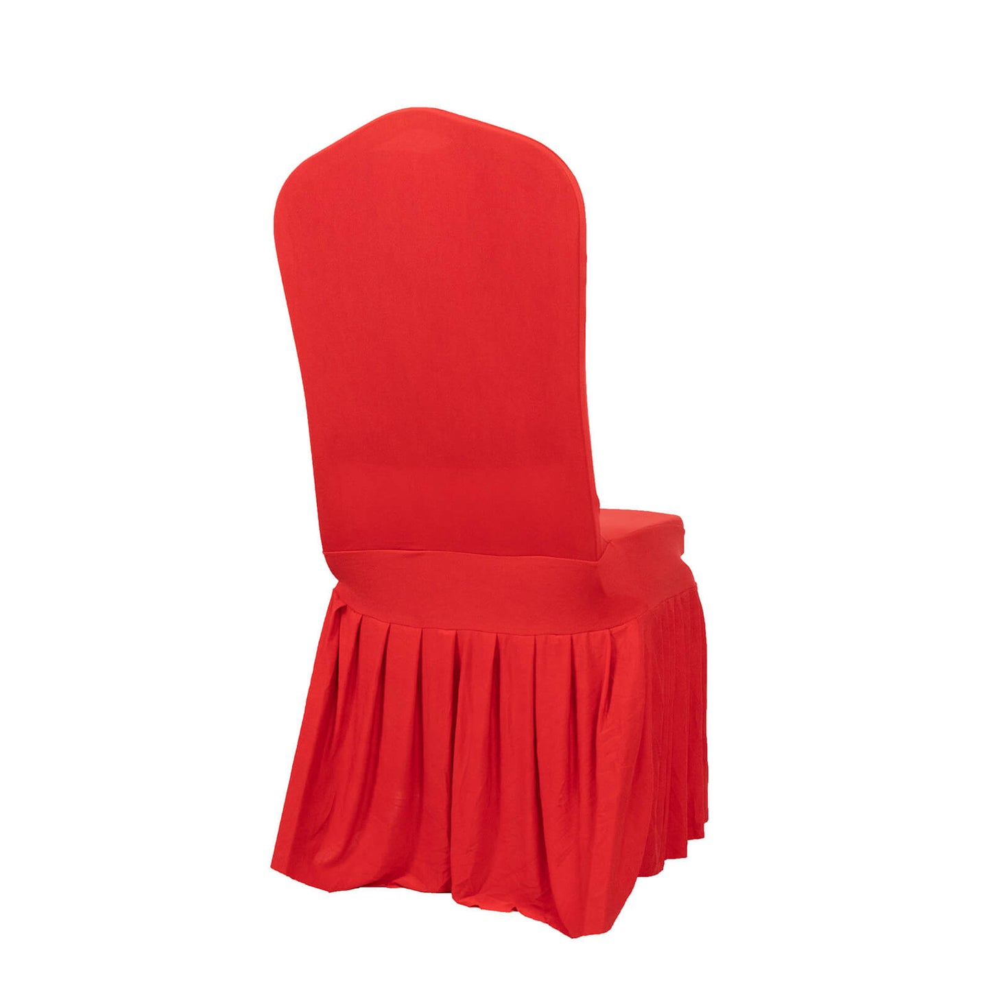 Red ruffle pleated chair cover for banquet events.