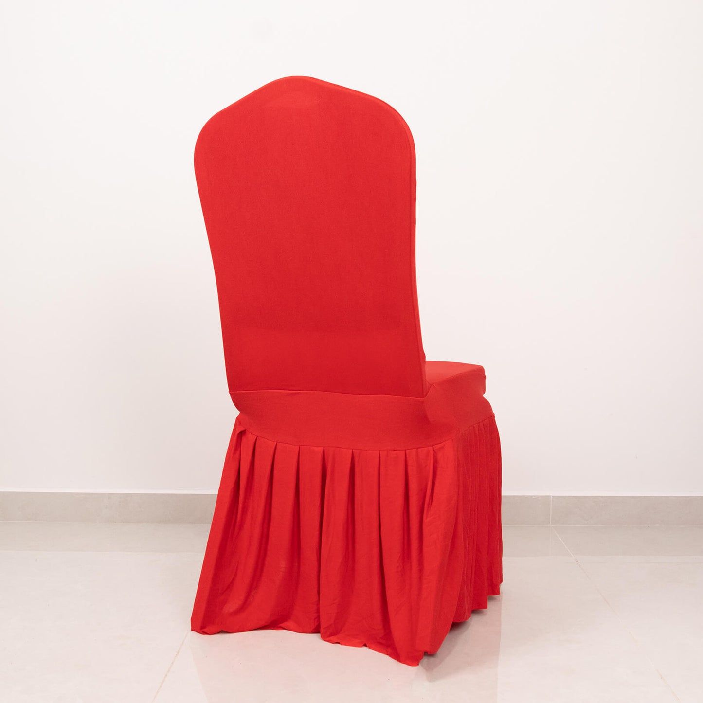 Red ruffle pleated spandex chair slipcover for banquets.
