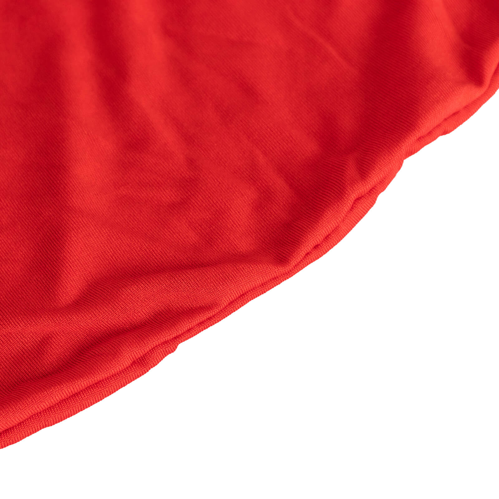 Red pleated spandex chair slipcover for banquet seating.